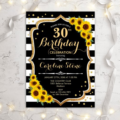 30th Birthday _ Sunflowers Black White Stripes Invitation