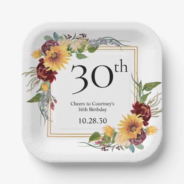 30th Birthday Sunflowers Paper Plates (Front)