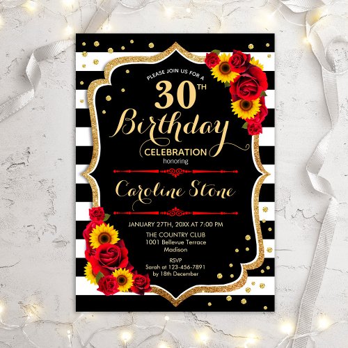 30th Birthday _ Sunflowers Roses Black Gold Invitation