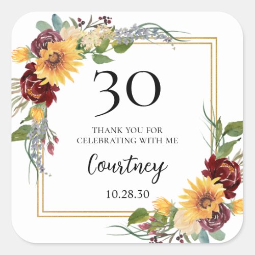 30th Birthday Sunflowers Thank You Square Sticker