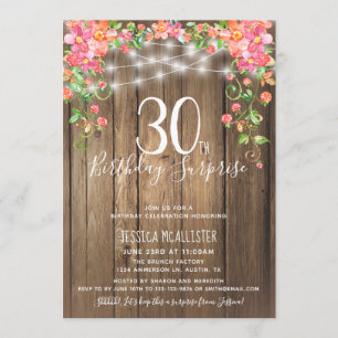 30th Birthday Surprise Brunch Rustic Floral Wood Invitation
