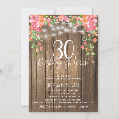 30th Birthday Surprise Brunch Rustic Floral Wood Invitation