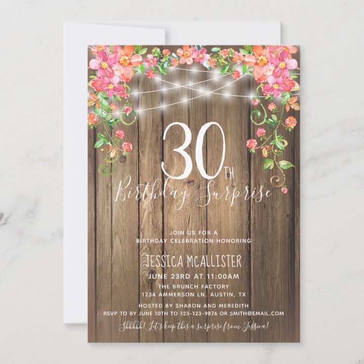 30th Birthday Surprise Brunch Rustic Floral Wood Invitation | Zazzle