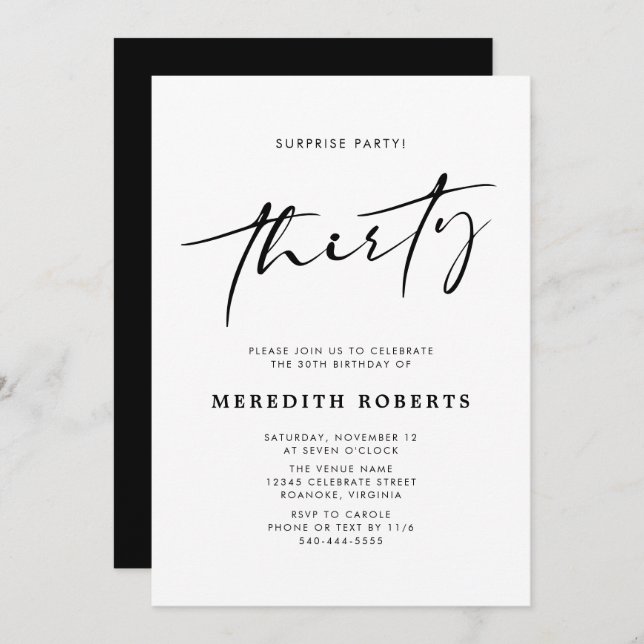 30th Birthday Surprise Party Chic Modern Script Invitation (Front/Back)
