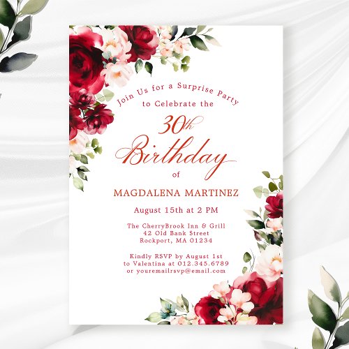 30th Birthday Surprise Party Red Pink Floral Invitation