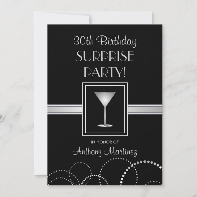 30th Birthday Surprise Party Silver & Black Invitation (Front)