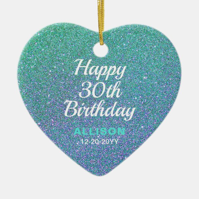 30th Birthday Teal Blue Glitter Personalized Ceramic Ornament (Front)