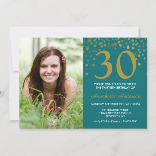 30th Birthday Teal Gold Confetti Photo Modern Invitation