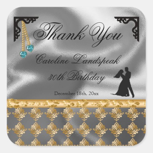30th Birthday Thank You Silver Foil Gold Damask Square Sticker