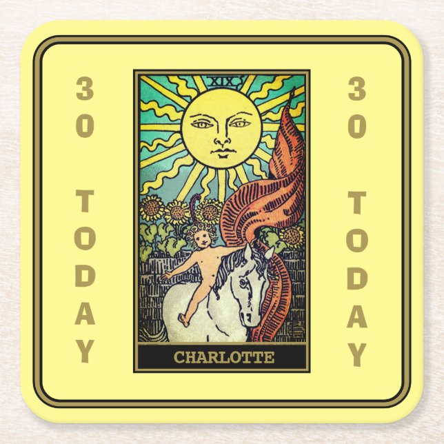 30th Birthday | The Sun Tarot Card Name Yellow Square Paper Coaster (Front)