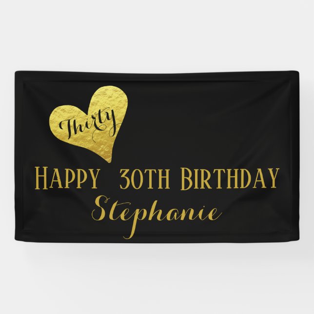 30th Birthday Thirty Black and Faux Gold Heart Banner (Horizontal)