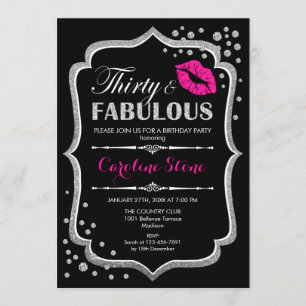 30th Birthday - Thirty Fabulous Black Pink Silver Invitation