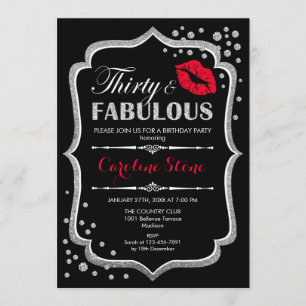 30th Birthday - Thirty Fabulous Black Red Silver Invitation