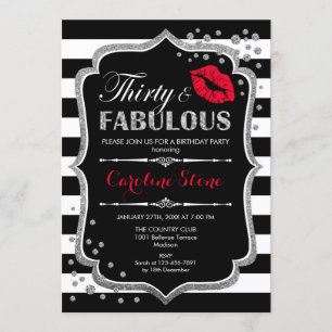 30th Birthday - Thirty Fabulous Black Red Silver Invitation