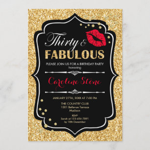30th Birthday - Thirty Fabulous Gold Black Red Invitation