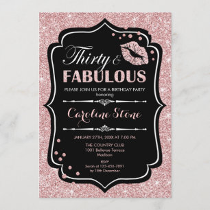 30th Birthday - Thirty Fabulous Rose Gold Black Invitation