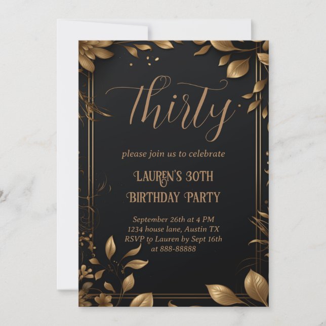 30th Birthday Thirty Modern Simple Black and Gold Invitation (Front)