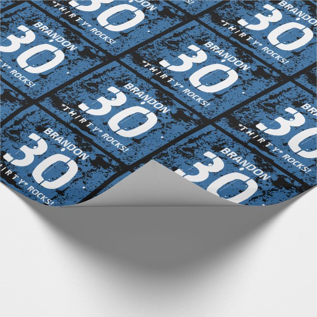 30th Birthday Thirty Rocks BLUE Grunge Pattern F3Z Wrapping Paper (Corner)