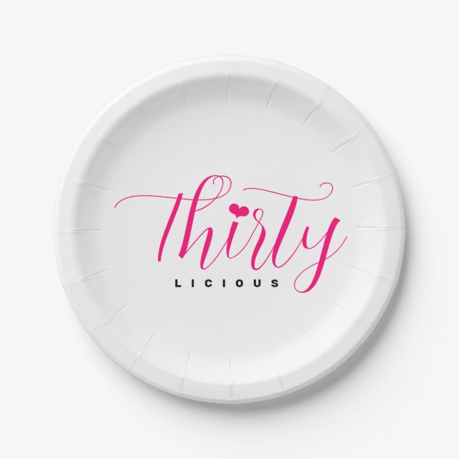 30th Birthday Thirtylicious Hot Pink Black Heart Paper Plates (Front)
