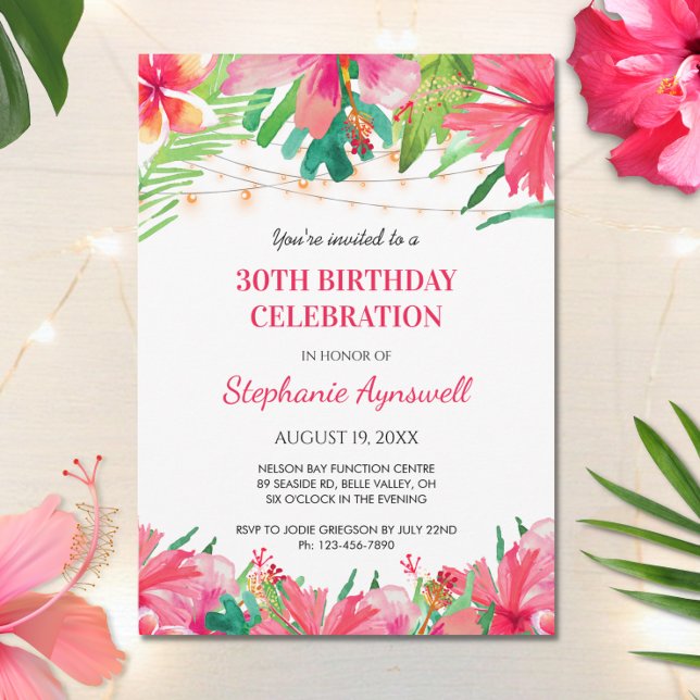 30th Birthday Tropical String Lights Hawaiian Invitation