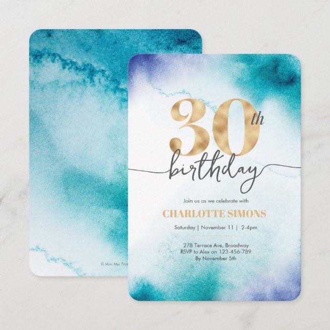 30th birthday Turquoise watercolor invitation (Front/Back)