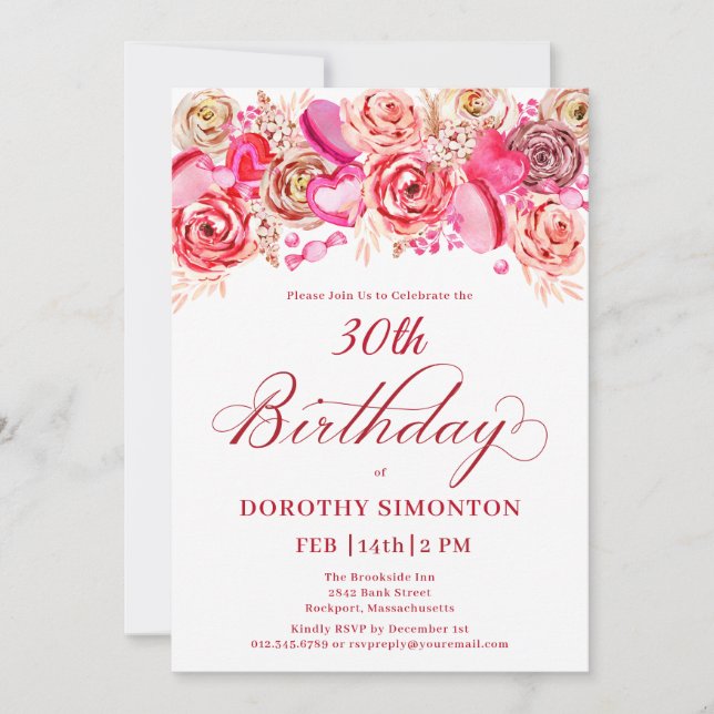 30th Birthday Valentine Pink Rose Swirly Heart Invitation (Front)