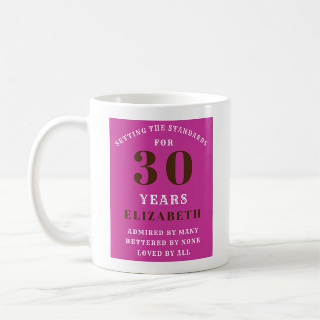 30th Birthday Vibrant Pink Add Your Name Coffee Mug (Left)