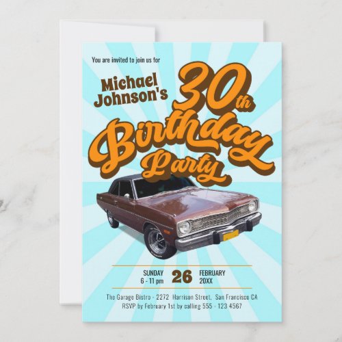 30th Birthday Vintage Classic Car Retro Fun Party Invitation