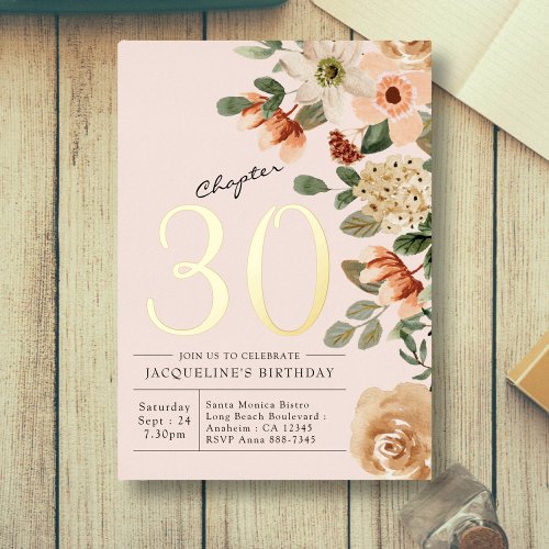 30th Birthday Vintage Floral Peach Chapter 30 Foil Invitation