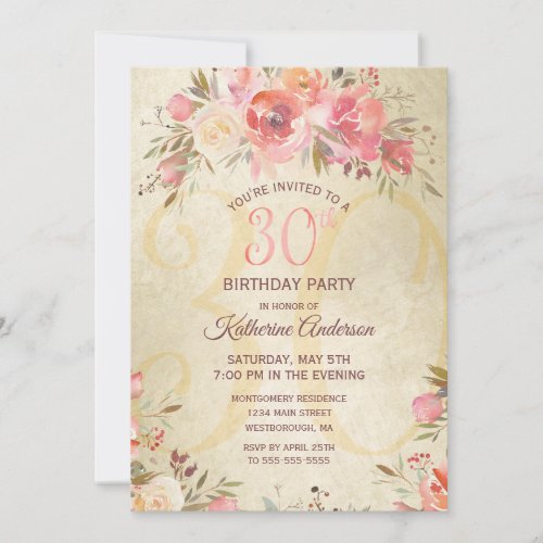 30th Birthday Vintage Floral Pink Roses Gold Party Invitation