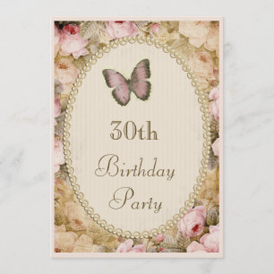 30th Birthday Vintage Roses Butterfly, Music Notes Invitation