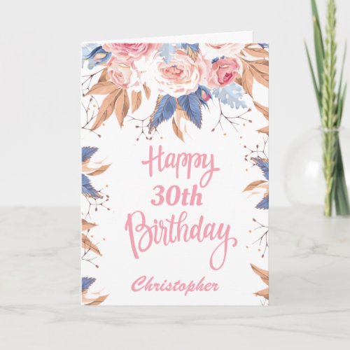 30th Birthday Watercolor Botanical Pink Floral Card