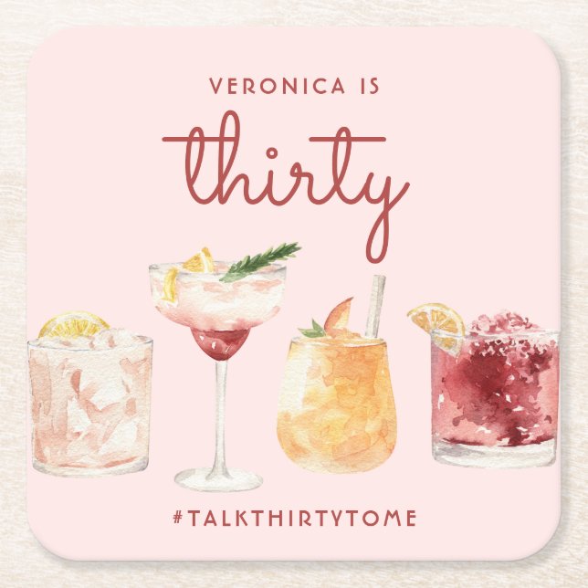 30th Birthday Watercolor Cocktail Coasters (Front)