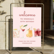 30th Birthday Watercolor Cocktails Welcome Sign
