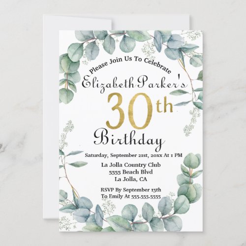 30th Birthday Watercolor Eucalyptus Gold Faux Foil Invitation