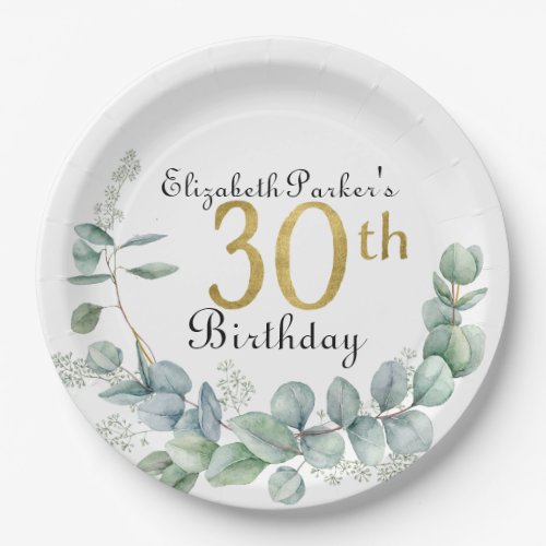 30th Birthday Watercolor Eucalyptus Gold  Paper Plates
