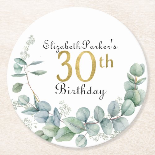 30th Birthday Watercolor Eucalyptus Gold  Round Paper Coaster