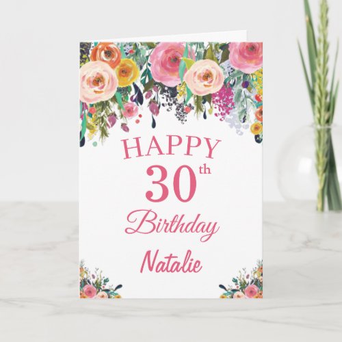 30th Birthday Watercolor Floral Flowers Pink Card