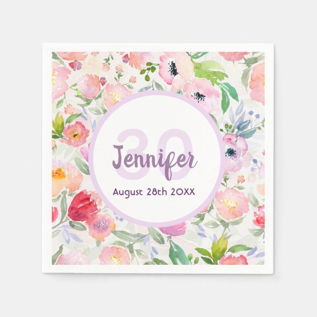 30th birthday watercolored pink florals name napkins (Front)