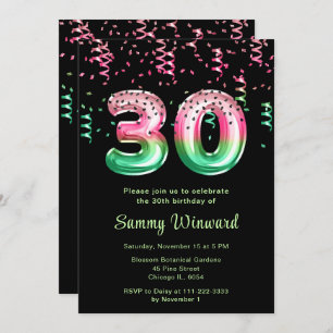 30th Birthday Watermelon Balloons with Confetti Invitation