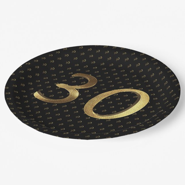 30th Birthday Wedding Anniversary Black and Gold Paper Plates (Angled)