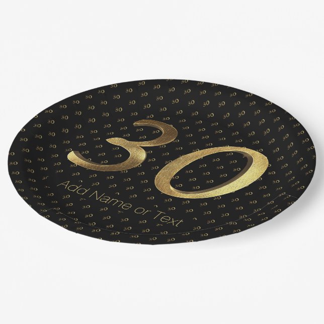 30th Birthday Wedding Anniversary Black and Gold Paper Plates (Angled)