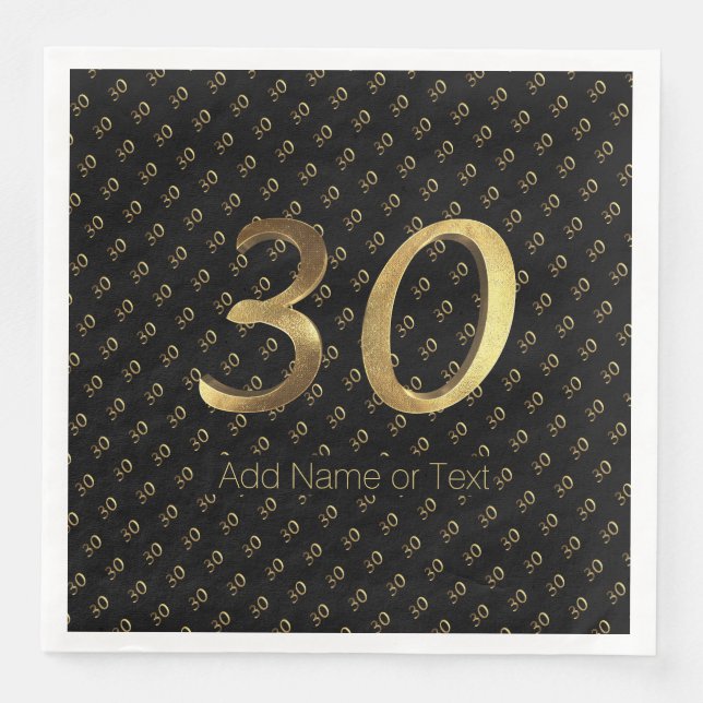 30th Birthday Wedding Anniversary Black Gold Paper Dinner Napkins (Front)