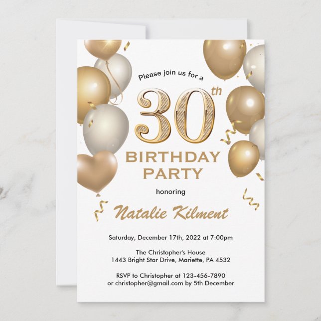 30th Birthday White and Gold Glitter Balloons Invitation (Front)