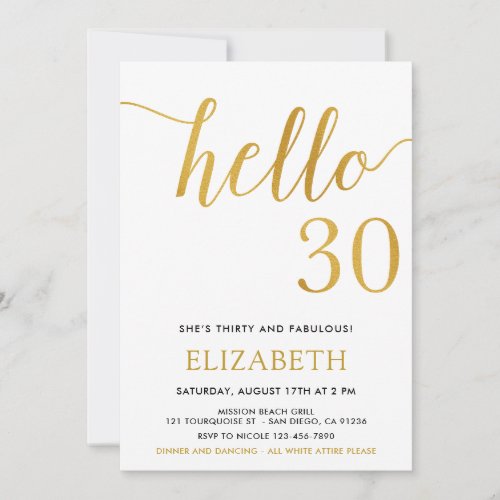 30th Birthday White and Gold Hello 30 Invitation