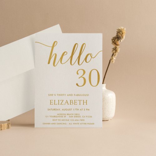 30th Birthday White and Gold Hello 30 Invitation