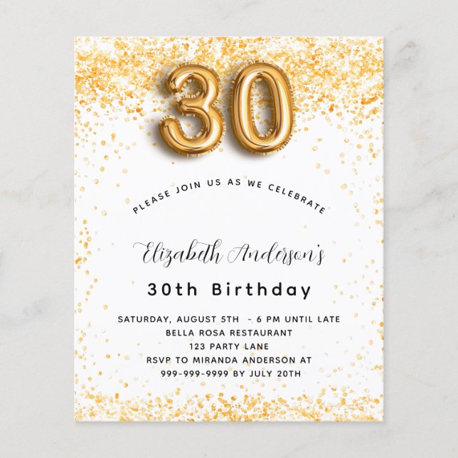 30th birthday white gold glitter budget invitation flyer (Front)