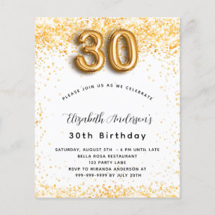 30th birthday white gold glitter budget invitation flyer