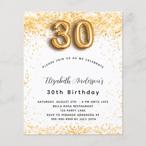 30th birthday white gold glitter budget invitation flyer