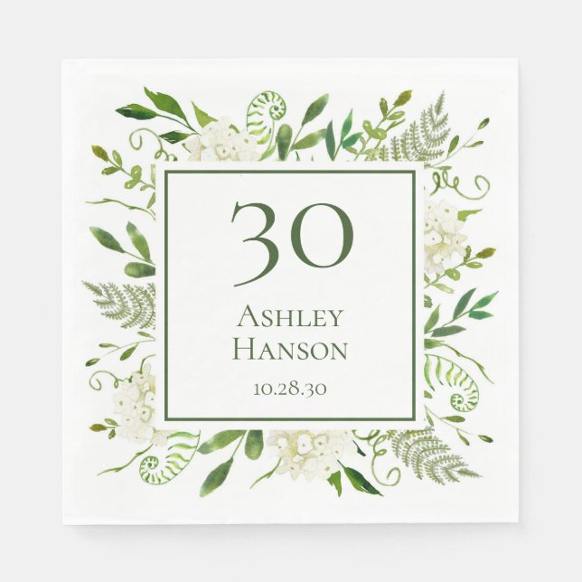 30th Birthday White Hydrangeas Napkins (Front)